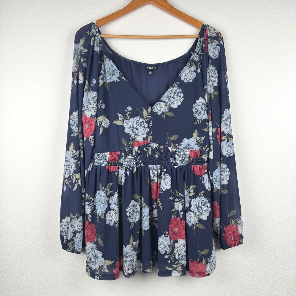 Torrid Babydoll Top Women 2 Navy Blue Excellent Floral Mesh Smocked V-Neck Chic